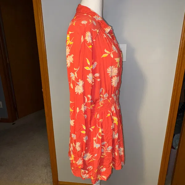 Free People‎ Ruthie Coral Floral Print Button Front Mini Shirt Dress flowy Large - Image 5