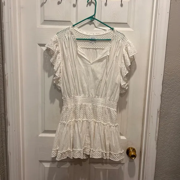 MISA Los Angeles Sarika White Eyelet Ruffle‎ Mini Dress Smocked Waist Medium - Image 2