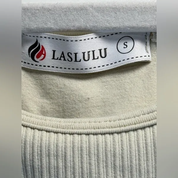 LASLULU Ribbed Halter Crop Tank Top‎ Cream Beige Seamless Workout Athleisure S - Image 6