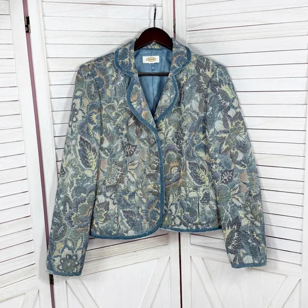 Vintage Talbots Blazer Women XL Blue Floral‎ Brocade Velvet Trim Jacket Boho - Image 8