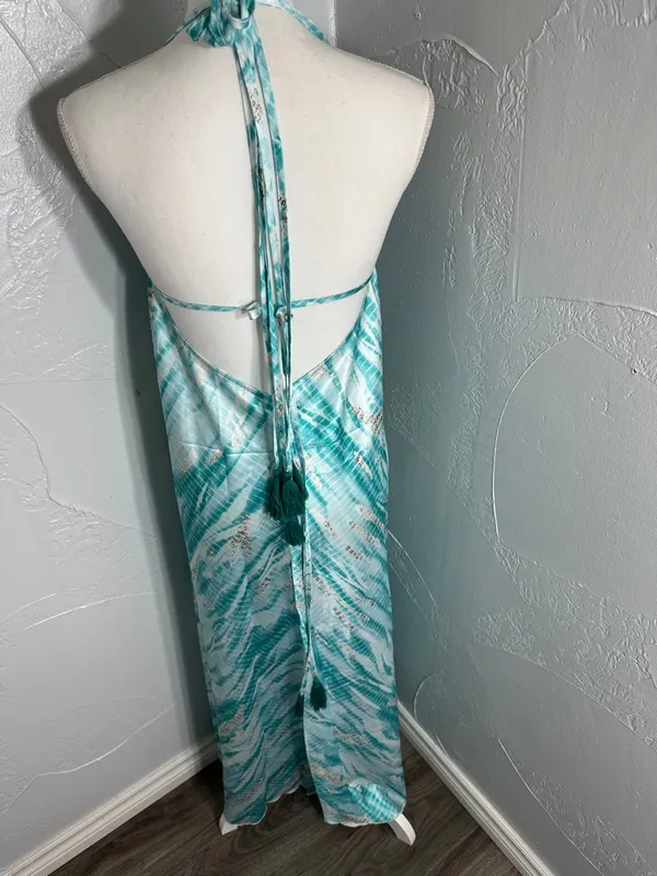 Seafoam Halter Maxi Dress - Flowing Aqua & White Print - Image 4