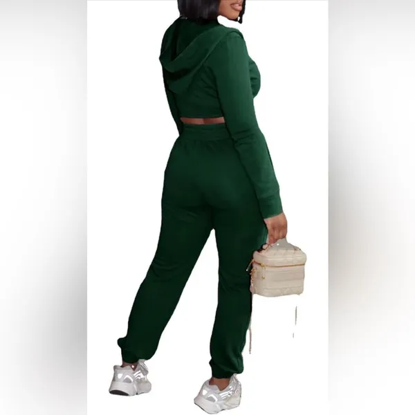 Source Unknown Womens Two Piece Outfits Tracksuit Green Size Small Sweatsuit Cropped Zip Up - Image 2