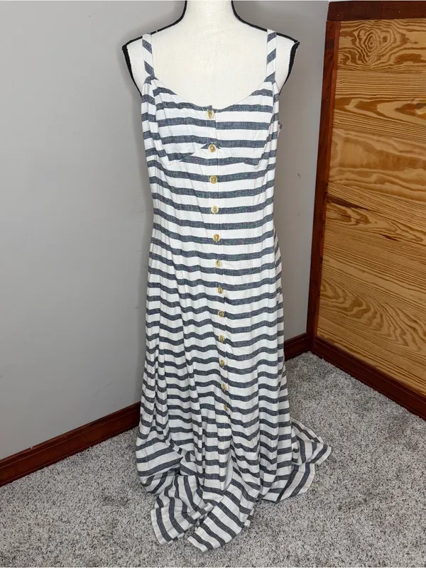 Anthropologie Maeve Linen Blend Striped Maxi Dress 10 Blue White Preppy Nautical - Image 2