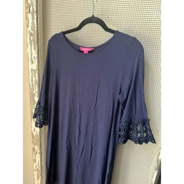Lilly Pulitzer Ophelia Dress True Navy Flutter Bell Crochet‎ Lace Sleeve Women L - Image 2