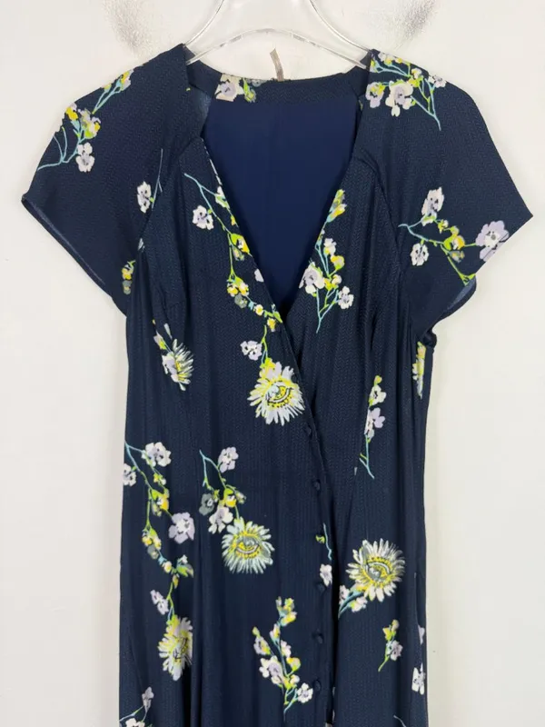 Free People Lost in You Floral Midi Dress Button Hi-lo Navy Blue Size Small S - Image 4
