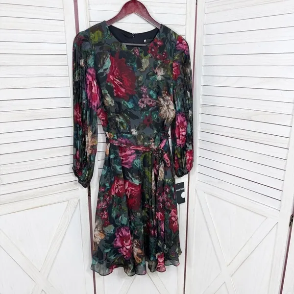 Maison Tara Dark Floral Pleated Sleeve Chiffon Fit Flare Dress Black Multi 10‎ - Image 8