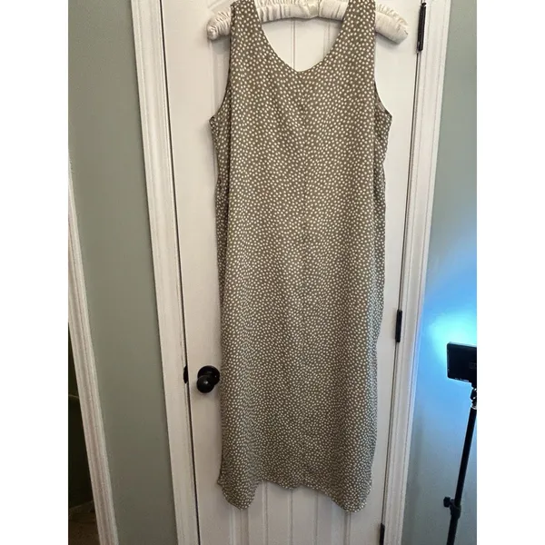 Reversible Maxi Dress L XL Floral Polka Dots Sleeveless Side Slits Tan Gray Mult - Image 6