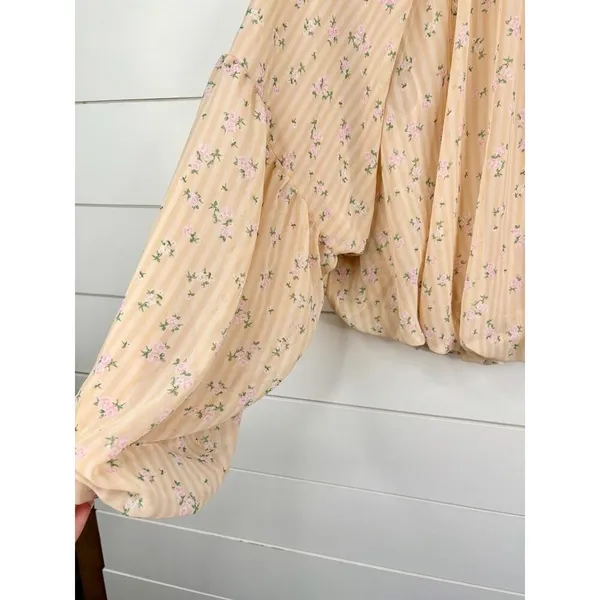 Gianni Bini Floral Long Sleeve Round Neck Blouse Pink Floral Print Stripes Sz XS - Image 8