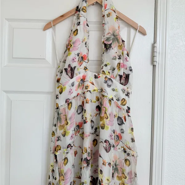 Amanda Uprichard Estella Floral Maxi Dress Halter Cream White‎ Pink Backless M - Image 6
