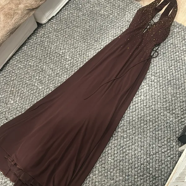 Cum Cum by Niki Livas Brown Satin Beaded Maxi Party Dress - Image 2