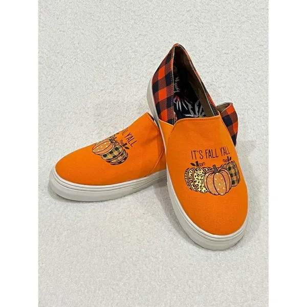 Orange Pumpkin “It’s Fall Y’all” Buffalo Plaid Canvas Slip On Sneakers Size 9.5 - Image 8