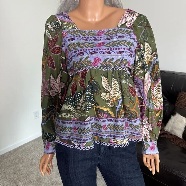 Farm Rio Blouse Top XS Green Jungle Fairy Boho Botanical Tropical‎ Praire Resort - Image 14