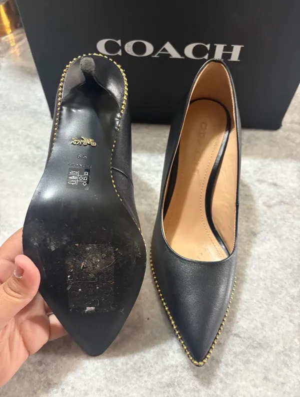Coach black leather pointed toe pumps with gold studs along the edge, size US 6.5 - Image 4
