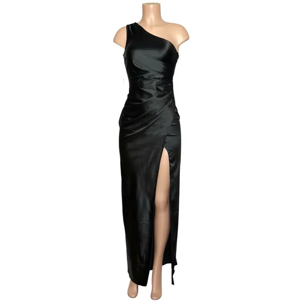 BHLDN Scottie One-Shoulder Side-Slit Stretch Satin Maxi Dress, Black, XS - Image 7