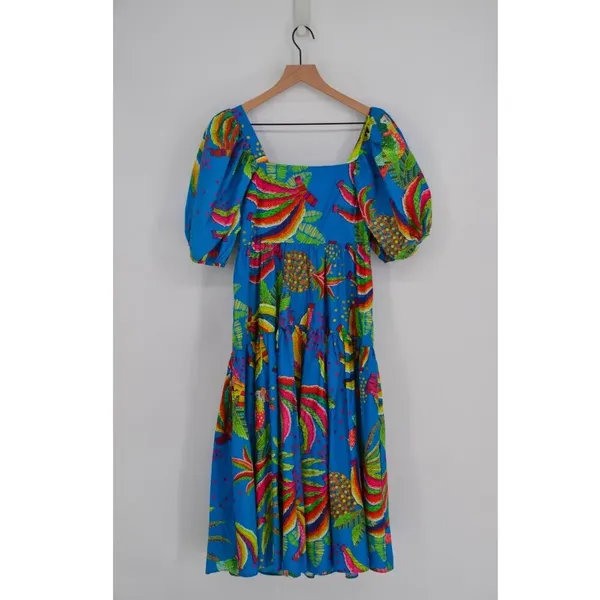 NEW Farm Rio Tropics Tiered Midi Dress XS Banana Print Puff Sleeve Empire Waist - Image 2