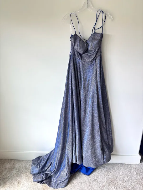 Sherri Hill Formal Royal Blue Silver Glitter Gown Criss Cross Back Prom Gala - Image 3