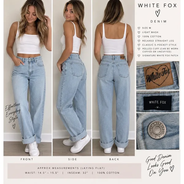 White Fox Boutique Light Wash High Waisted Straight Leg Denim Jeans Blue Women M - Image 3