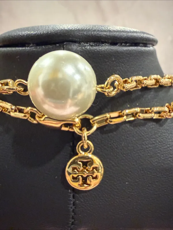 Tory Burch | Gold Plated, Crystal & Pearl Long Station Necklace - Image 6