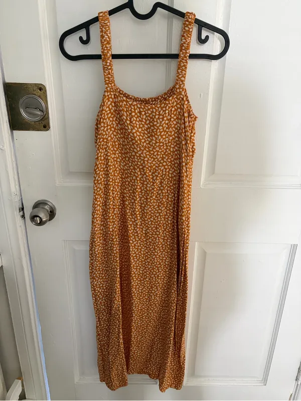 Abercrombie & Fitch Orange Patterned Ruched Top Midi Dress with Slit Small - Image 6