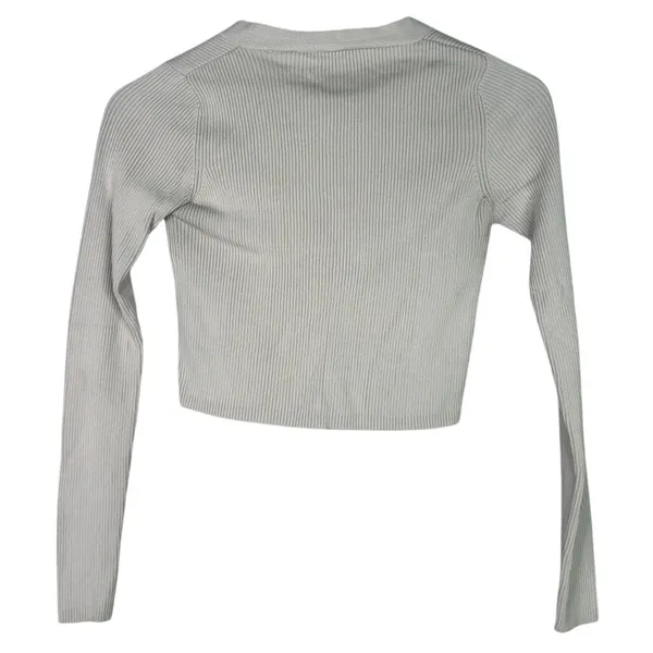 Zara Cropped V Neck Long Sleeve Fitted Ribbed Knit Button Down Sweater XS Beige - Image 11