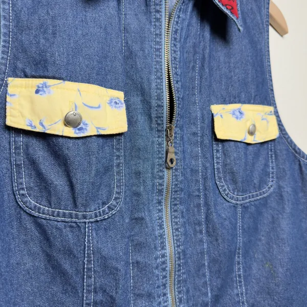 VTG Signature by Jerell Women Cotton Denim Vest Large Blue Floral‎ Cottage Boho - Image 3