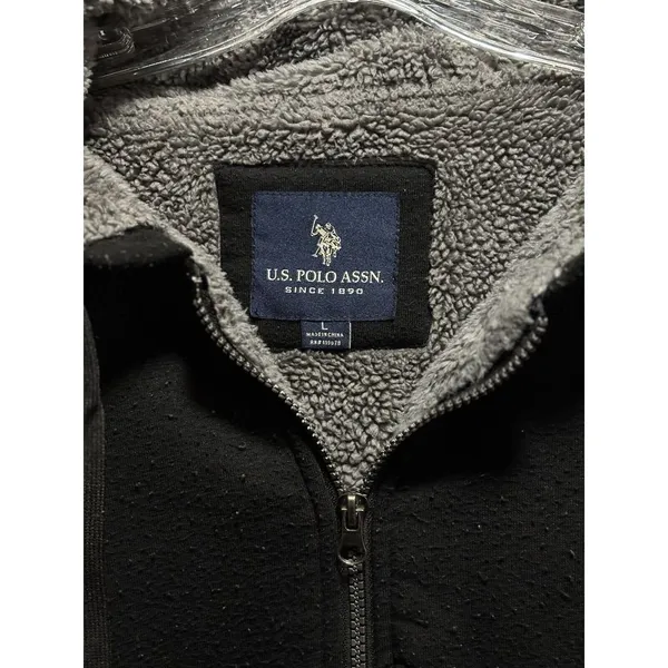 US Polo Assn. Black/Gray Zip Up Fleece Hood Jacket Size L Zip Pocket Logo Sherpa - Image 3