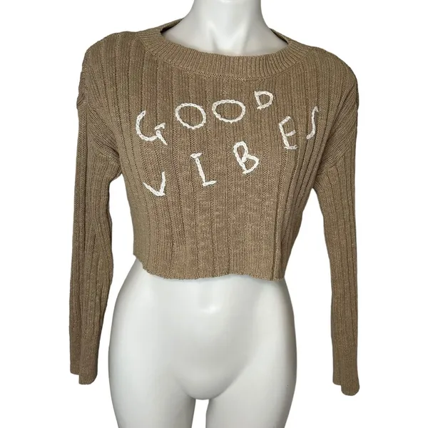 “Good Vibes” Rib Knit Crop Long Sleeve Sweater Tan Size Medium‎ - Image 2