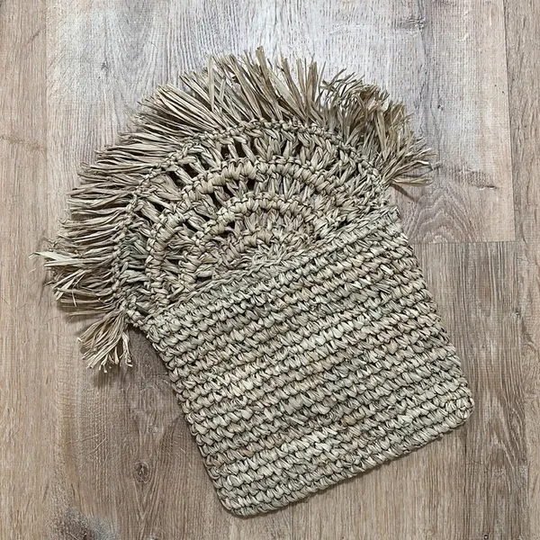 Woven Raffia‎ Straw Fringe Clutch Bag Tan Boho Summer Beach Zippered Handbag - Image 2