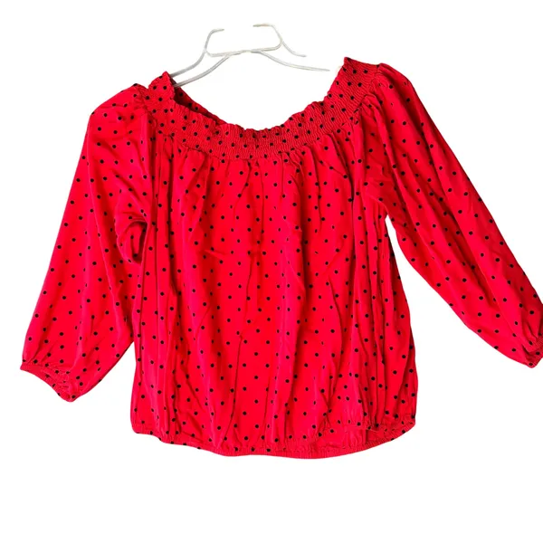 Tommy Hilfiger Red Polka Dot Off The Shoulder‎ Smocked Blouse Top Womens Large - Image 2