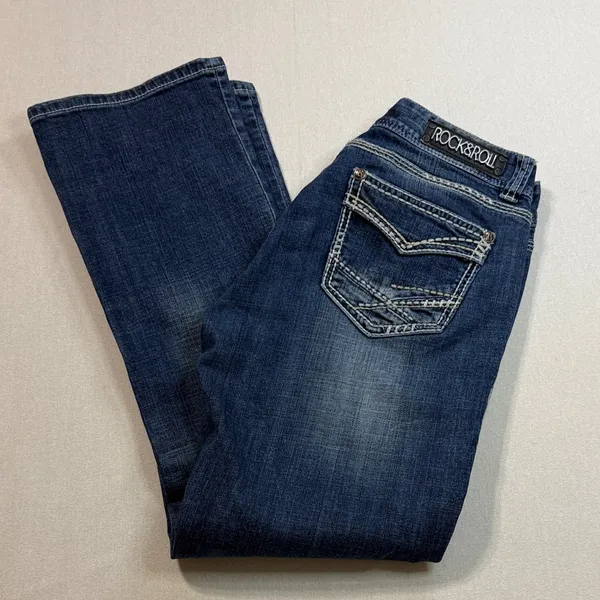 Rock & Roll Women's Dark Blue Boot Cut Jeans Size 31 - Image 9