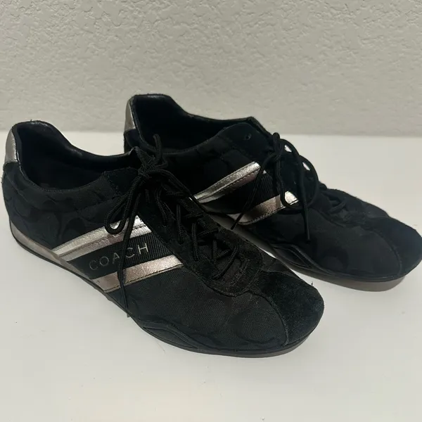Coach Jayme Sneaker Signature Black Canvas Silver Leather Trim Size 10 - Image 3