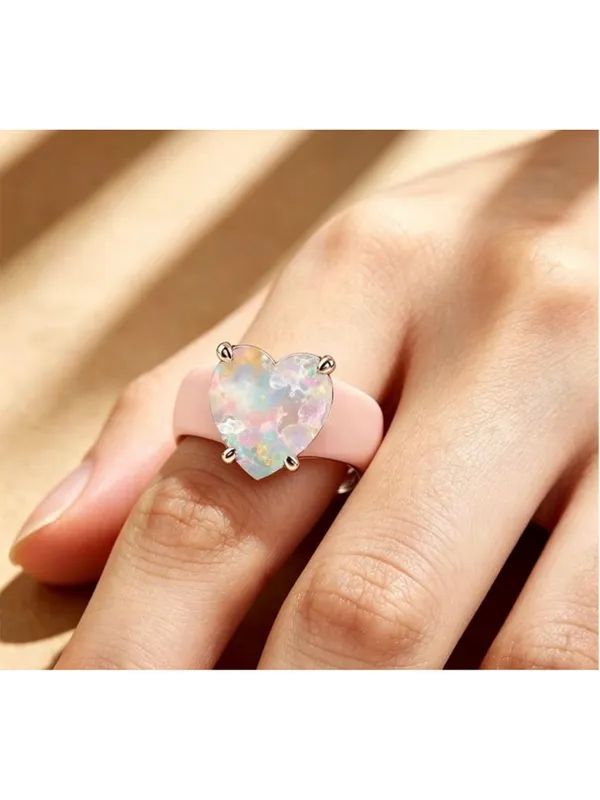 Exquisite Women's Ring with Dreamy Iridescent Heart, Gentle Pink Band - Image 2