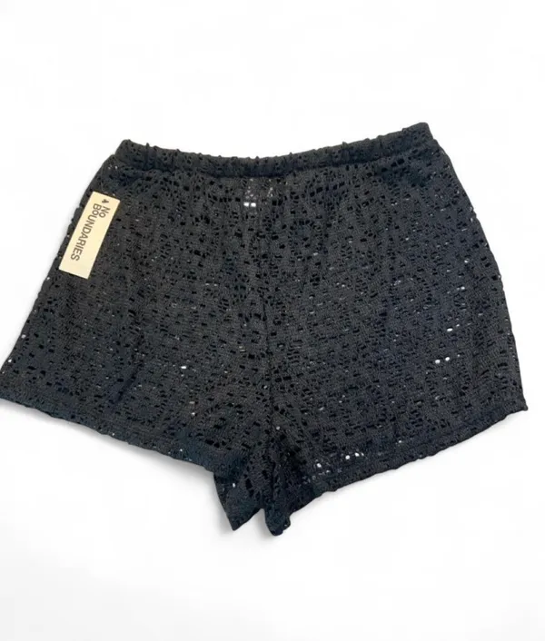 No Boundaries black crochet shorts with drawstring waist, size M (8-10). Polyester with lace-like openwork pattern. #crochet #summer - Image 2