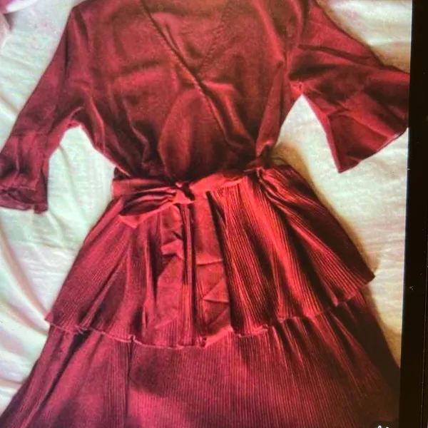 SheIn Burgundy midi dress with tie waist, ruffles, and flared sleeves #boho - Image 2