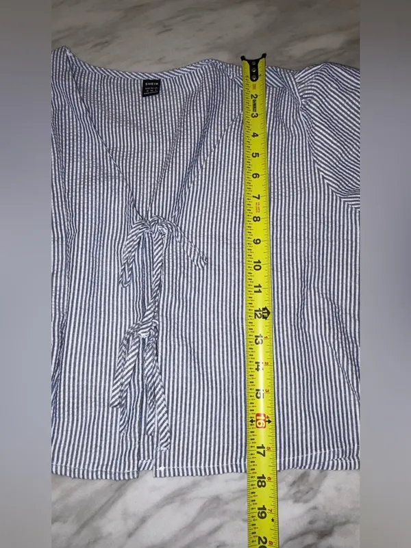 SHEIN Blue White Vertical Striped Front Tie Puff Sleeve Top Shorts Set M - Image 8