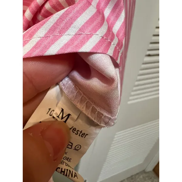 Womens Sz Medium Button Down Shirt Pink White Stripes Satin Long Sleeve Collared - Image 8