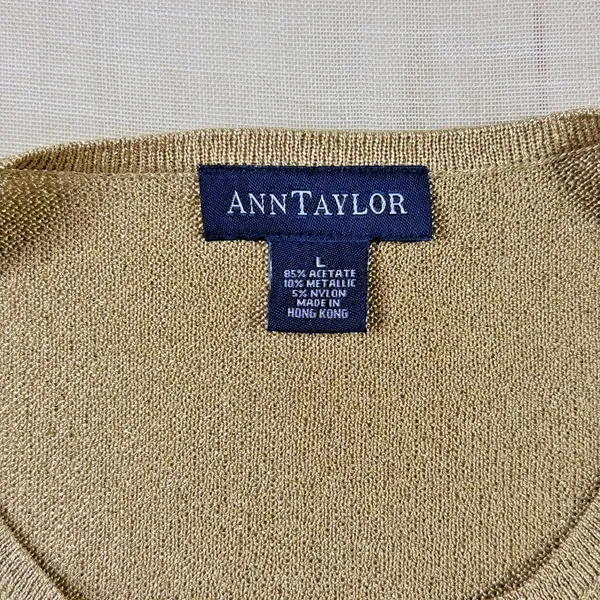 Ann Taylor Gold Shimmer Knit Crewneck Cardigan Sweater Women's Large EUC - Image 6