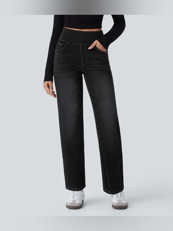 Halara Flex High Waisted Pockets Straight Leg Washed Casual Jeans - Image 5