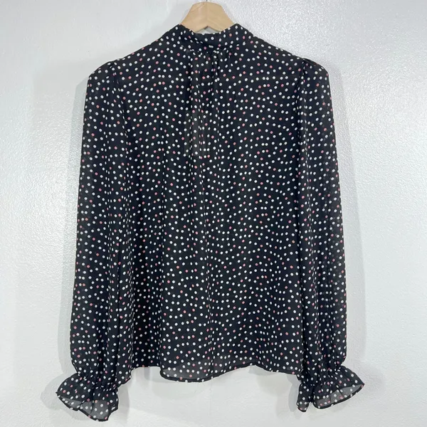 Tamara H Polka Dot‎ Blouse M Women Black Pink Tie Neck Long Sleeve Top Office - Image 2