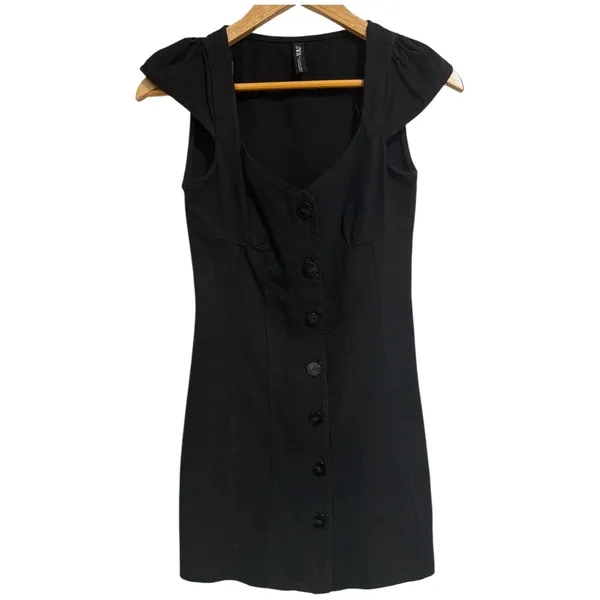 Zara Womens Black Denim Button Front Cap Sleeve Mini Dress Sweetheart‎ Neck - Image 3