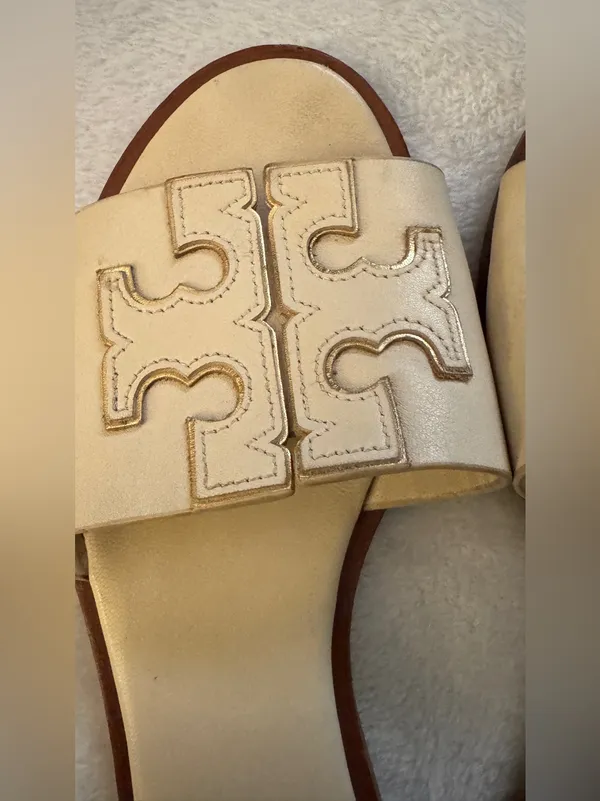 Tory Burch Cream Leather Logo Slide Sandals with Brown Trim size 5.5 - Image 2