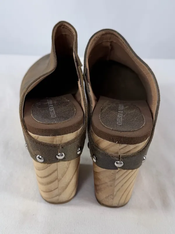 Chelsea & Violet Jana Camo Leather Wooden Clogs Brown Black Size‎ 9 - Image 5