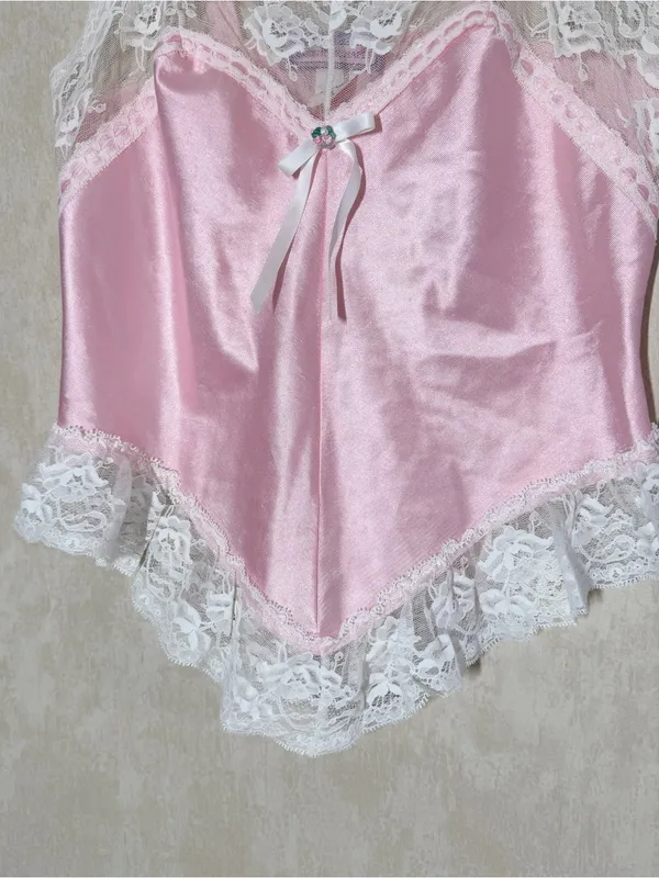 Berh Michaels Women’s Vintage Y2K Babydoll Lace Satin Top Sleeveless Pink S - Image 3