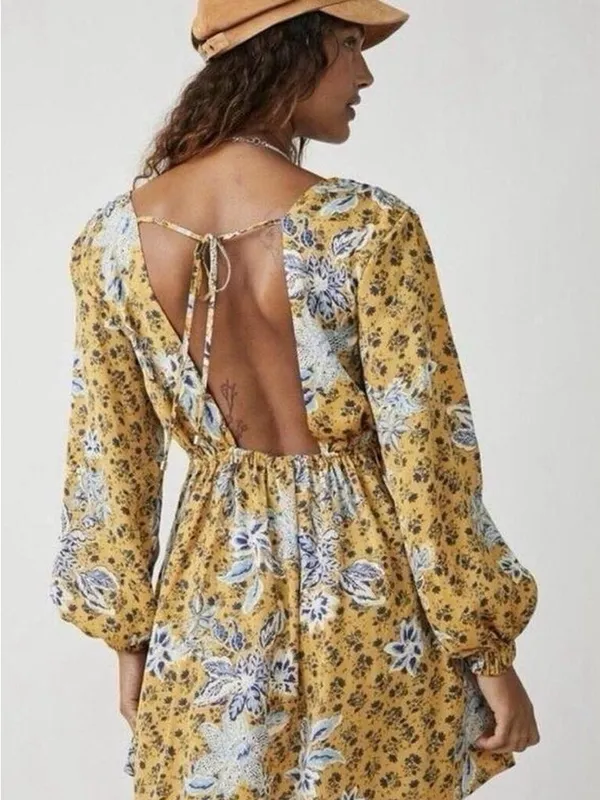 Free People Mustard Floral V-Neck Tunic - Image 3