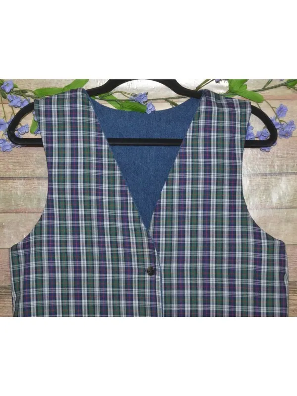 VTG Handmade Unisex S/M Blue Denim Jean Vest Plaid Reversible Country Cottage - Image 4