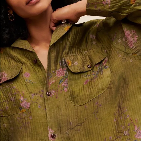🌿 Trendy Free People Floral Moss Camp Shirt Top Greyed Olive Size: S (fits 6–8) - Image 5