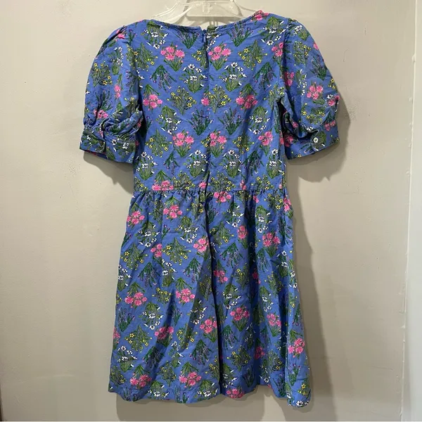 LOFT Women’s 2 Floral Babydoll Dress Blue Linen Blend Scoop‎ Neck Puff Sleeve - Image 10