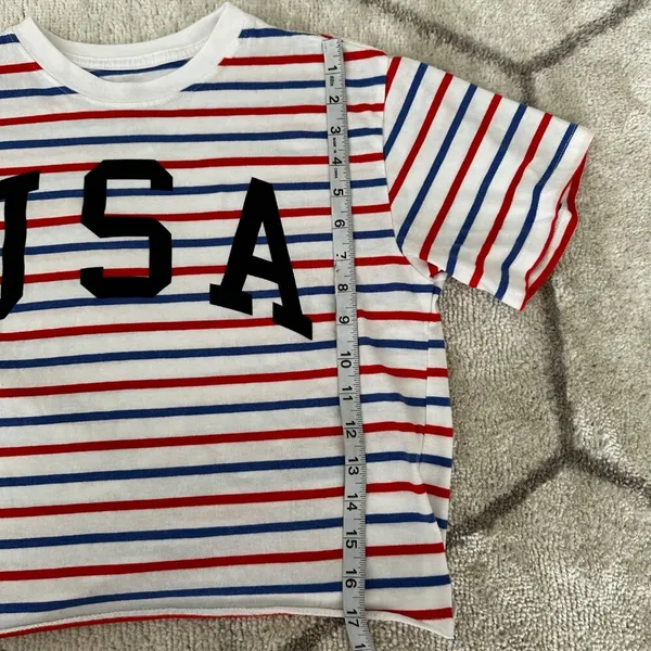 Mighty fine USA Striped Short Sleeve Crop Top Patriotic Tee Sz Medium - Image 5