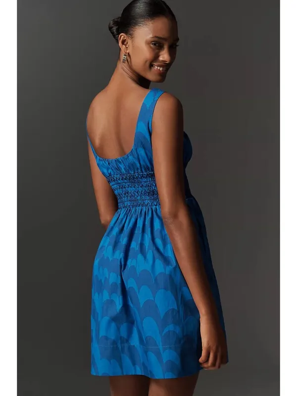 Anthropologie Maeve Blue Smocked Square Neck Mini Dress Size M - Image 3
