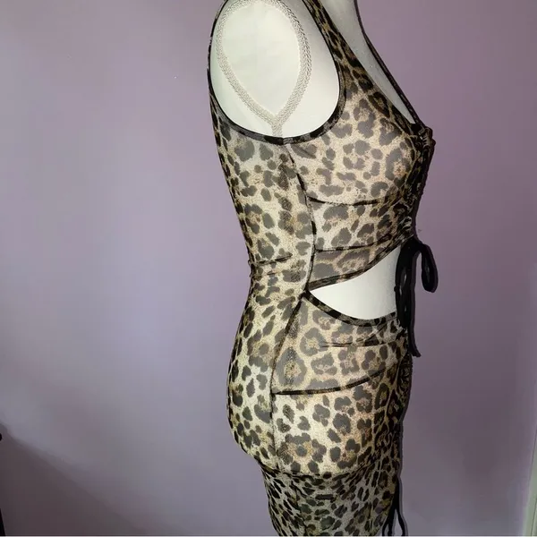 Cheetah Print Swim Cover Up Mesh Cutout Mini Dress Tie Front Small - Image 2